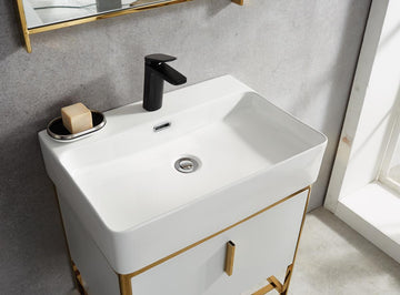 24" Modern White Bathroom Vanity Floating Drawer Shelf Integral Single Ceramic Sink